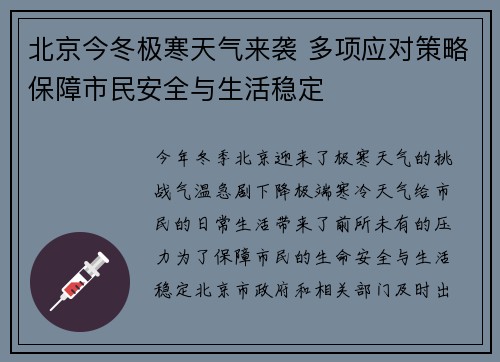 北京今冬极寒天气来袭 多项应对策略保障市民安全与生活稳定