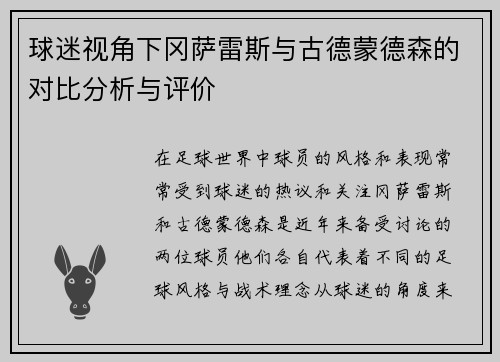 球迷视角下冈萨雷斯与古德蒙德森的对比分析与评价